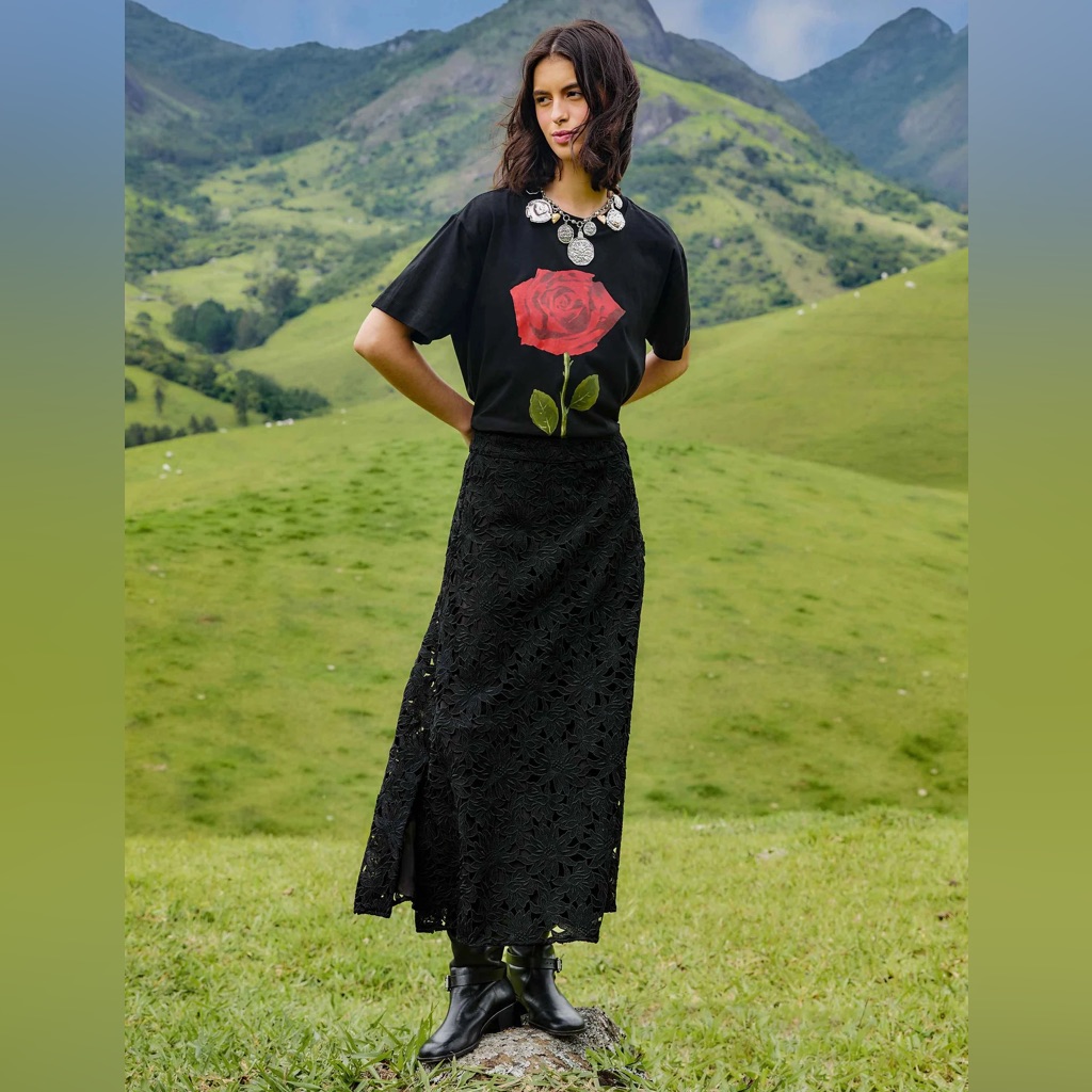 Farm Rio Black Flowered Lace Midi Skirt